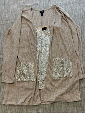 Daytrip Beige Ribbed Open-Front Cardigan with Sequin Pockets